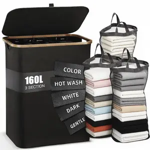 160L Extra Large 3-Section Laundry Hamper with Lid | Dustproof, Sturdy Handle | Home Clothes Organizer
