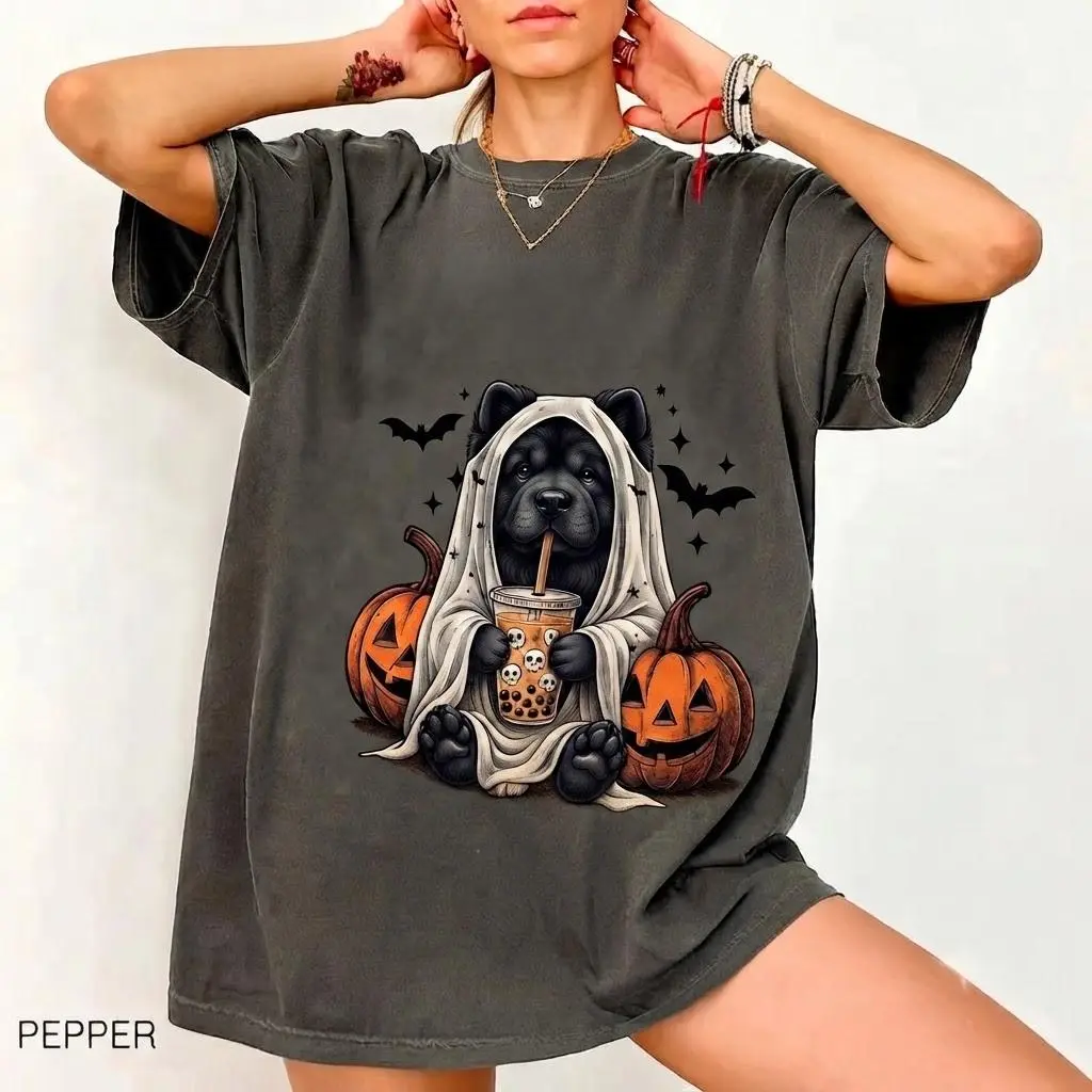 Spoooky Chow Ghost Drinking Boba Shirt, Cute Halloween Dog T-Shirt, Comfort Colors Graphic Tee
