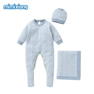 Mimixiong Baby's Button Front Sweater Jumpsuit with Pom Pom Bonnet Bow Mittens & Knit Shoes Set for Newborn Infant Kids Adorable Onesies for Everyday Wear