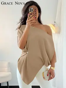 Women's Summer Loose-Fitting Flowy Batwing Sleeve Smooth Satin Blouse, Button-Down Asymmetrical Design, Medium-Length One Shoulder Top Shirts