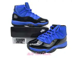 Bold Two-Tone High Top Retro Basketball Sneakers Black Royal Blue Dual Tone Patchwork Gloss Patent Leather & Breathable Knit Fabric Upper For Colorblock Streetwear & Retro Sport Daily Outfits