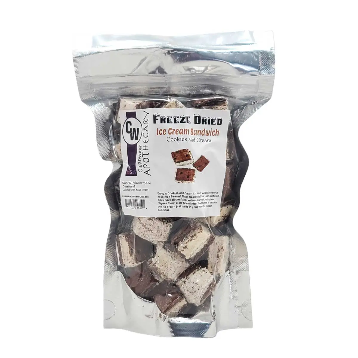 CW Apothecary Freeze Dried Ice Cream Sandwich - Vanilla Cookies and Cream 3oz Dessert, Creamy Biscuit Snack Bites in Refillable 5x8x3 in Pouch, Easy Office Sweet Treat