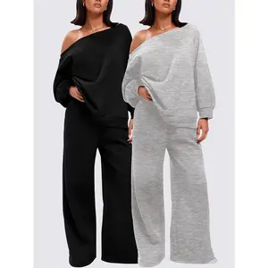 Women's Casual Asymmetrical Shoulder Sweatshirt and Pants Set, 4-Piece Polyester Knit Fabric, Solid Color, Loose Fit, All-Season Comfort Womenswear Clothes