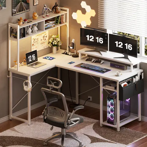 L-Shaped Computer Desk with Hutch, Power Outlets, USB  Monitor Stand, Storage Shelf - for Home Office  Gaming mesa gamer big desk cyber one pro desk