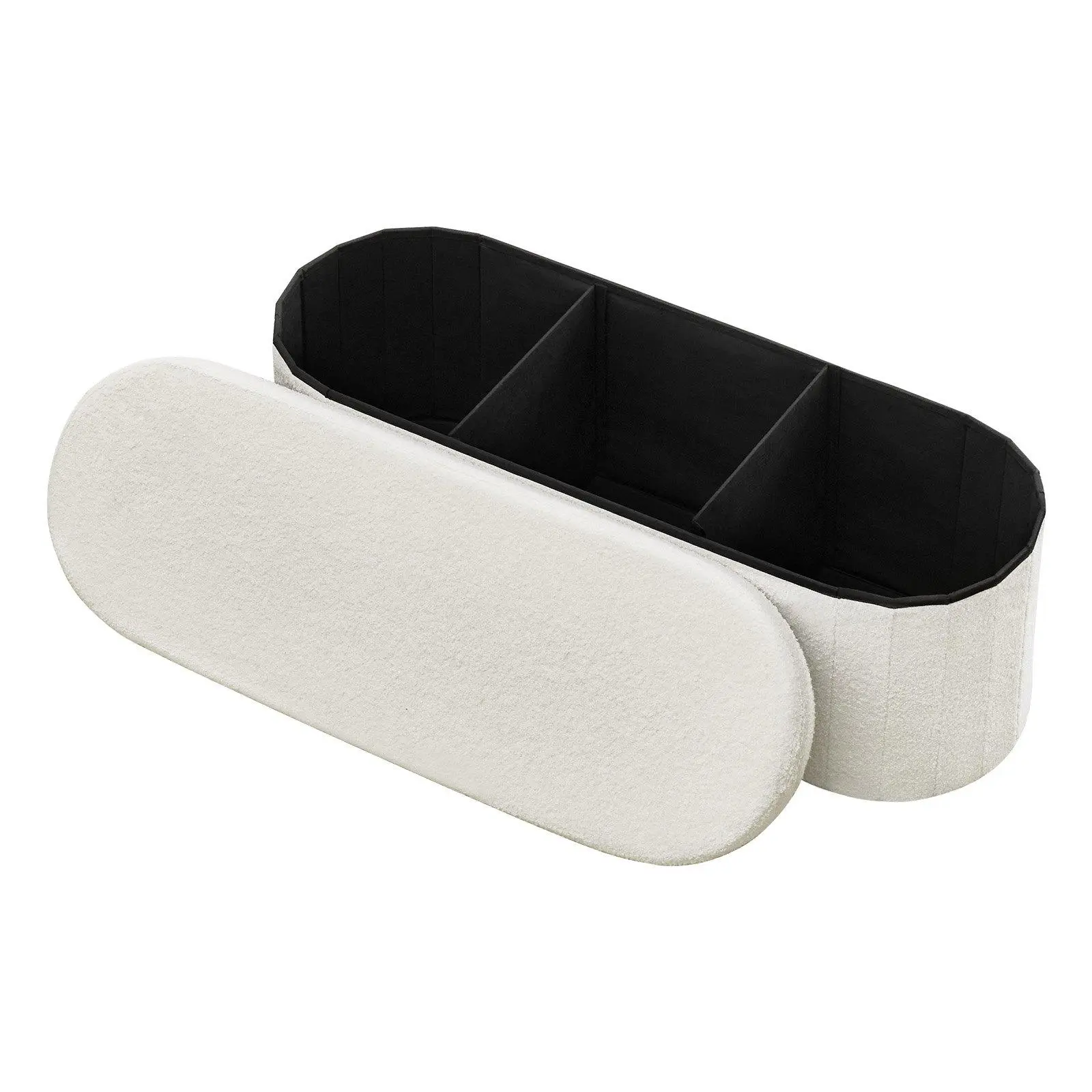 Oval Foldable Teddy Fleece Storage Ottoman Bench, 660 LBS Heavy-Duty Upholstered Bed End Bench with Large 3-Grid Storage Space, 2.5cm Thick High-Density Sponge Cushion, Non-Slip Stable MDF Structure, Multifunctional Folding Chest for Bedroom, Living Room
