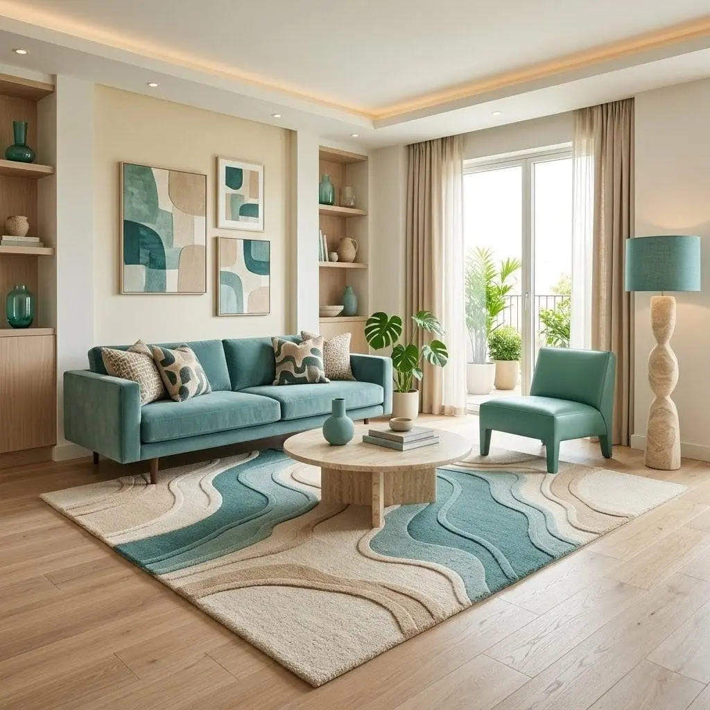 Abstract Wavy Wool Rug, Hand Tufted Modern Area Rug, Teal Beige Carpet, High Low Texture Rug, Living Room Decor