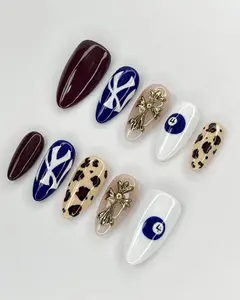 Trendy NY Leopard Print Press on Nails, Yankees Nail Set with Cross Charm