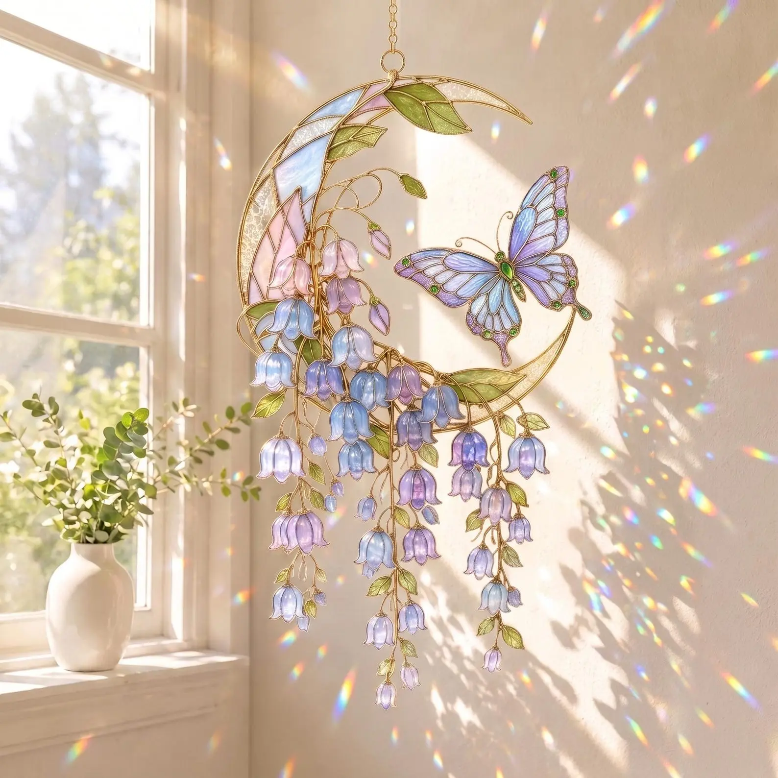 Butterfly Crescent Moon Acrylic Suncatcher, Wisteria Flower Window Hanging Decor, Floral Catcher, Gift for Mom Her, Garden Decor Gift