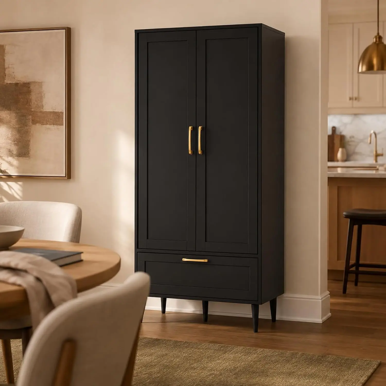 60" Tall Storage Cabinet with Doors, Drawer and Shelves, Black, Wide, shallow profile for pantry, linen and multi-room organization; each adjustable shelf supports 50 lb