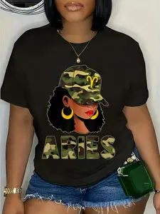 100% Cotton Aries Queen Camouflage Black Woman Cap Zodiac Sign T-Shirt