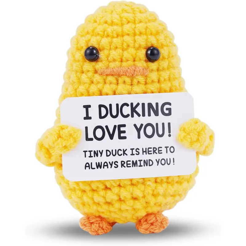 Handmade Crochet Cute Duck Stuffed Figurine - Amigurumi Animal Design, Super Soft Fluffy Yarn Huggable Collectible, Kawaii Stuffed Animal Home Decor Statue, Unique Emotional Gift for Boyfriend, Desk Cheer Reminder