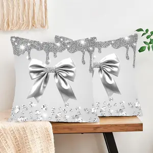 2 Piece Shiny Bow Pattern Pillowcases, Single-Sided Print, 45x45 Cm, Polyester Luxury, Zipper Closure, Farmhouse Decor