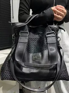 Ladies' fashionable and casual large capacity mesh splicing shoulder bag, Hobo Shoulder Bag, rivet shoulder strap retro street style city bag bucket bag, simple mesh splicing crossbody bag, suitable for daily use and commuting, Commuter Crossbody Bag