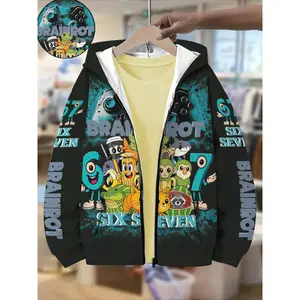 Zip-Up Hoodie with a Hood Featuring The Tung Tung Tung Sahur Design, Italian Brainrot Pattern, Trendy Numbers And Seven Text, Game Controller Graphic, Pixelated Character Design. Autumn And Winter Pocket Jacket Kids, a Unique Holiday Gift