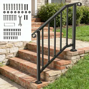Outdoor Handrail, 3 Step Stair Handrail, 40" x 38" Fits 2 to 3 Steps, Wrought Mattle Iron Stair Railing with Curved Ends and Balusters for Concrete Steps, Porch Steps, One-Step Assembly, Black