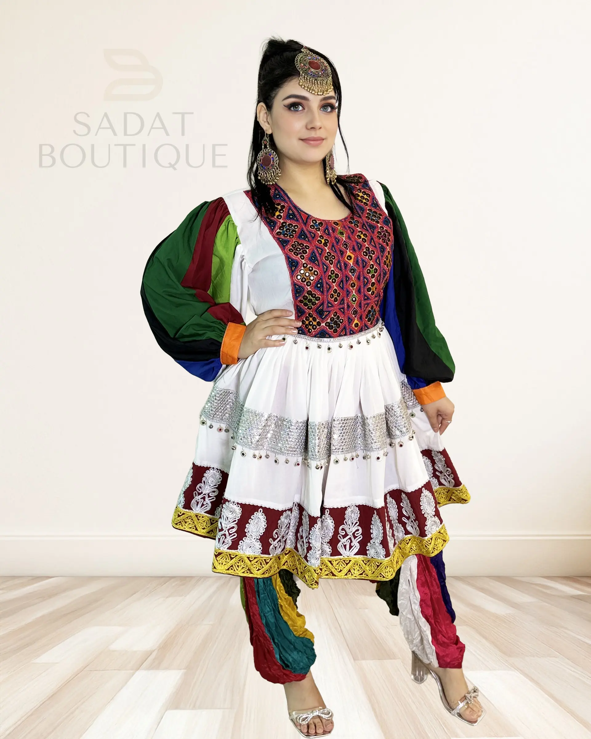Women's Multicolor Afghan Wedding Dress - Cultural Craft Clothes with Velvet Accents, Skirt Detail, Pants Option & Mirror Accessory, Silver, Costumes