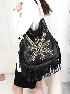 New Fashion Trend Rivet Tassel Soft Leather Handbag, Shoulder Crossbody Large Bag, Metal Chain Strap Decorative Alligator Skin Pattern, Crossbody Tote Bag, Shoulder Hobo Bag