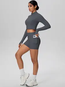 Women's Two-Piece Sports Jacket and High-Waisted Shorts Set with Pockets, Breathable and Comfortable for Yoga Gym and Running, Sports Activewear Set