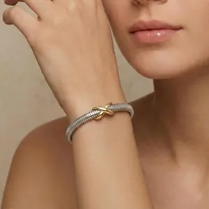 Stainless Steel Tubogas Cuff Bracelet for Women Vintage Gaspipe Stretch Bangle Gold Silver Two Tone Criss Cross X Knot Infinity Loop Bracelet Aesthetic Waterproof Everyday Stackable Jewelry Gift for Her
