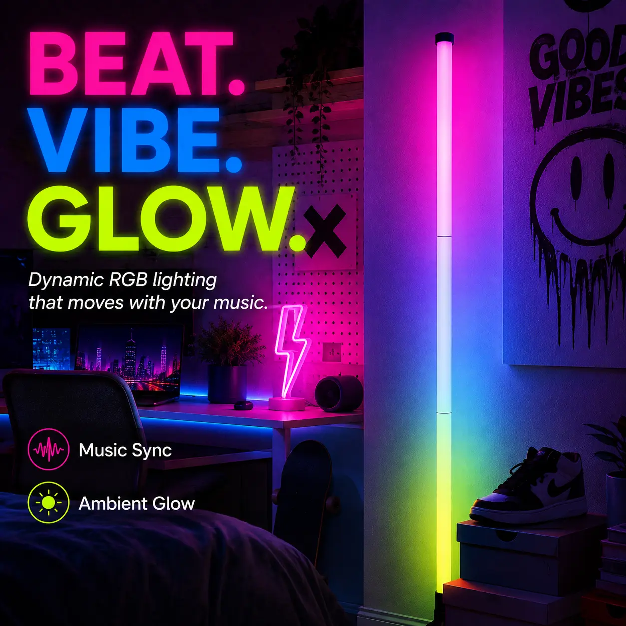 RGBIC Entertainment Floor Lamp, Modern Triangle Corner Light with Sound-Reactive Music Mode, Multicolor Ambient Effects, Mobile App, Remote Control, Dimming and Timer for TV Room, Bedroom & Home Setup