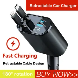 4 in 1 Retractable Car Charger, USB C Fast Charging Adapter with Lightning Cable Compatible with iPhone 16/15/14/13 Pro Max Plus, Samsung S23/S22/S10