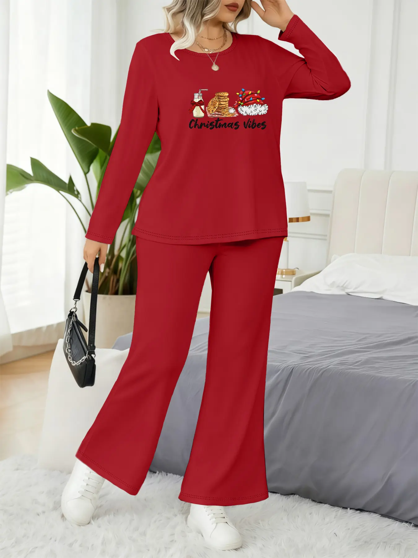 Women's Trendy Long Sleeve Plus Size Two-Piece Set, Christmas Holiday Pattern Print, Casual Fashion, All Seasons Wear
