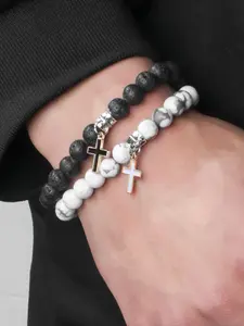 Men's Street Style Cross Design Beaded Bracelets, 2 Counts/set Trendy Vintage Beaded Bracelet, Fashionable Jewelry As Birthday Gift for Boyfriend, Valentine's Day, Gift