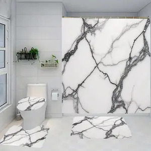 Marble Pattern Bathroom Set Includes Shower Curtain Sets and Rug, Non-Slip Bath Mat, U-Shaped Toilet Lid Cover Pad, Modern Home Decor Accessories