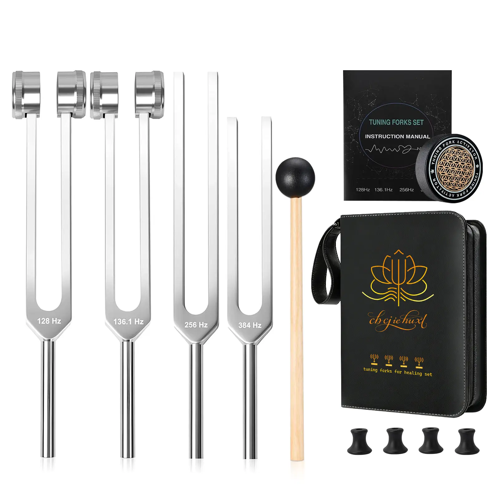 Tuning Fork Set with 4 Forks, Reflex Hammer, Vegan Leather Pouch, Hex Wrench, Rubber Bases, and Cleaning Cloth for Sound Therapy