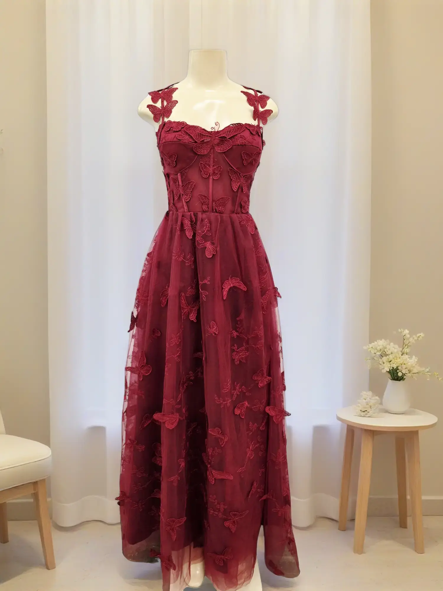 mother of the bride burgundy dress A-Line Scoop Neckline Satin Lace Burgundy Long Prom Dress, Burgundy La –  dresstby main image 0