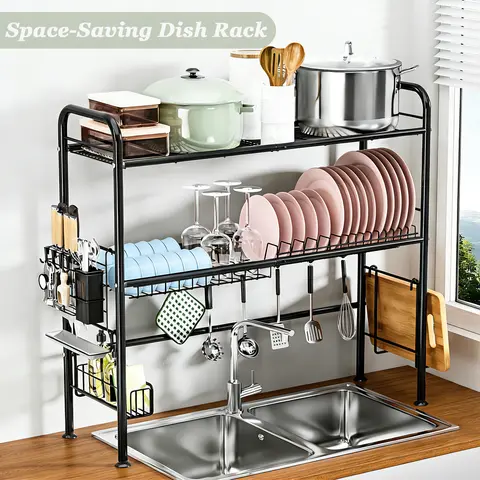 【Holiday Deals】San Dream Over Sink Rack Kitchen Over The Sink Dish Drying Rack Organizer Large Space Saving Dish Drainer Countertop Dishes Rack On Counter Caddy Utensil Metal Organizer 1&2 Tiers