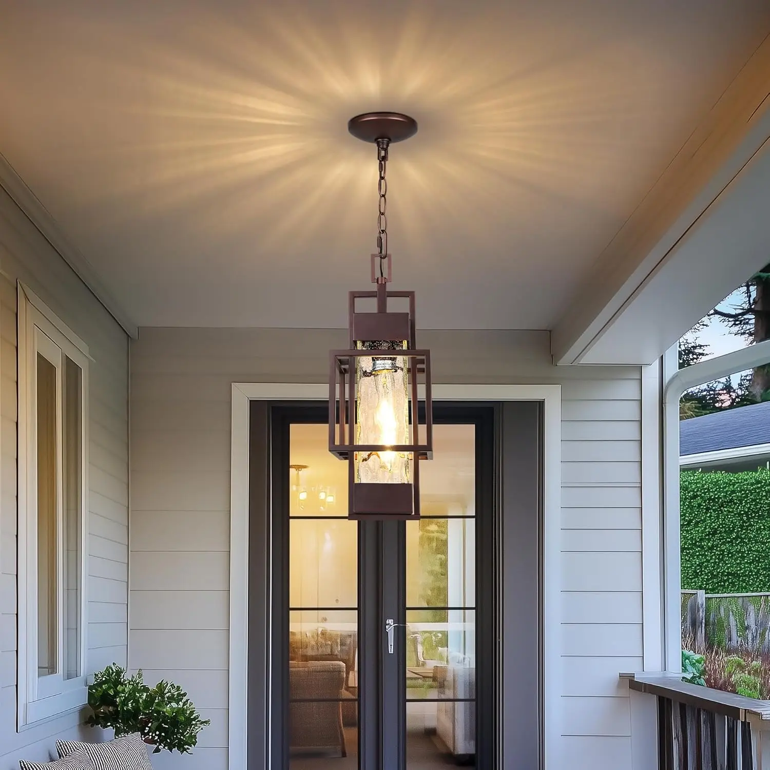 15" Outdoor Indoor Pendant Light Exterior Hanging Lantern, Modern Metal Outside Chandelier Light Fixture Ceiling Mount with Water Glass for Front Porch Entrance Foyer Entryway, Oil Rubbed Bronze
