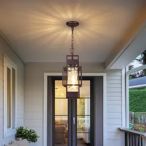 15" Outdoor Indoor Pendant Light Exterior Hanging Lantern, Modern Metal Outside Chandelier Light Fixture Ceiling Mount with Water Glass for Front Porch Entrance Foyer Entryway, Oil Rubbed Bronze