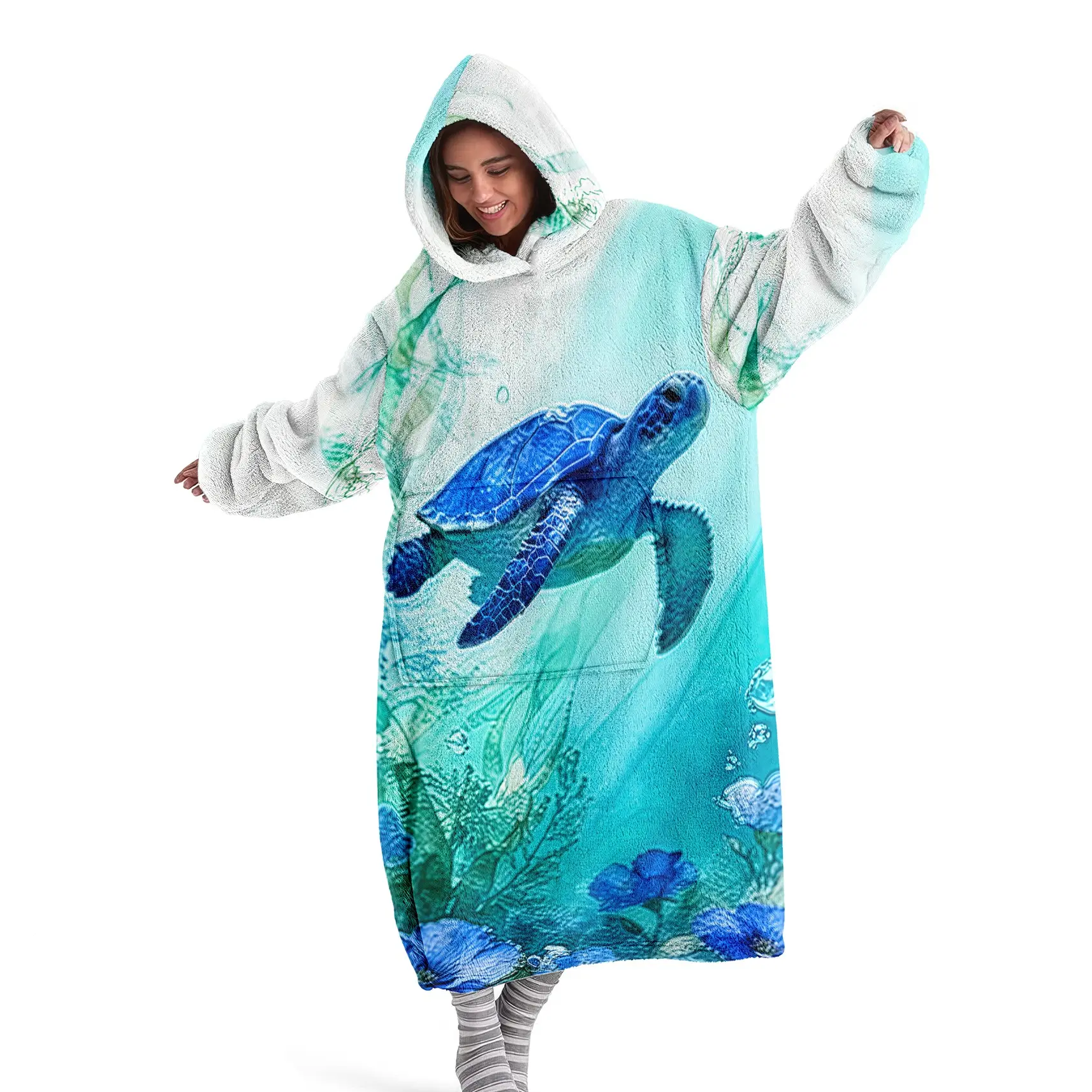 wearable blanket, Cozy Hooded Blanket, turtle print hooded wearable blanket, digital printed flannel blanket, soft and warm multifunctional blanket suitable for sofa cover, air conditioning blanket, nap blanket