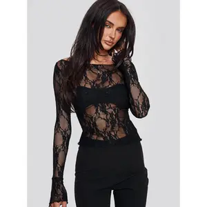 Junah Sheer Lace Long Sleeve Top Black