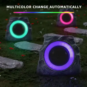 uuffoo A 2-Pack Solar-Powered Rock Speakers, IP44 Water-Resistant Outdoor Speakers with RGB Lights & USB Charging for Patio, Pool Party Audio Audio