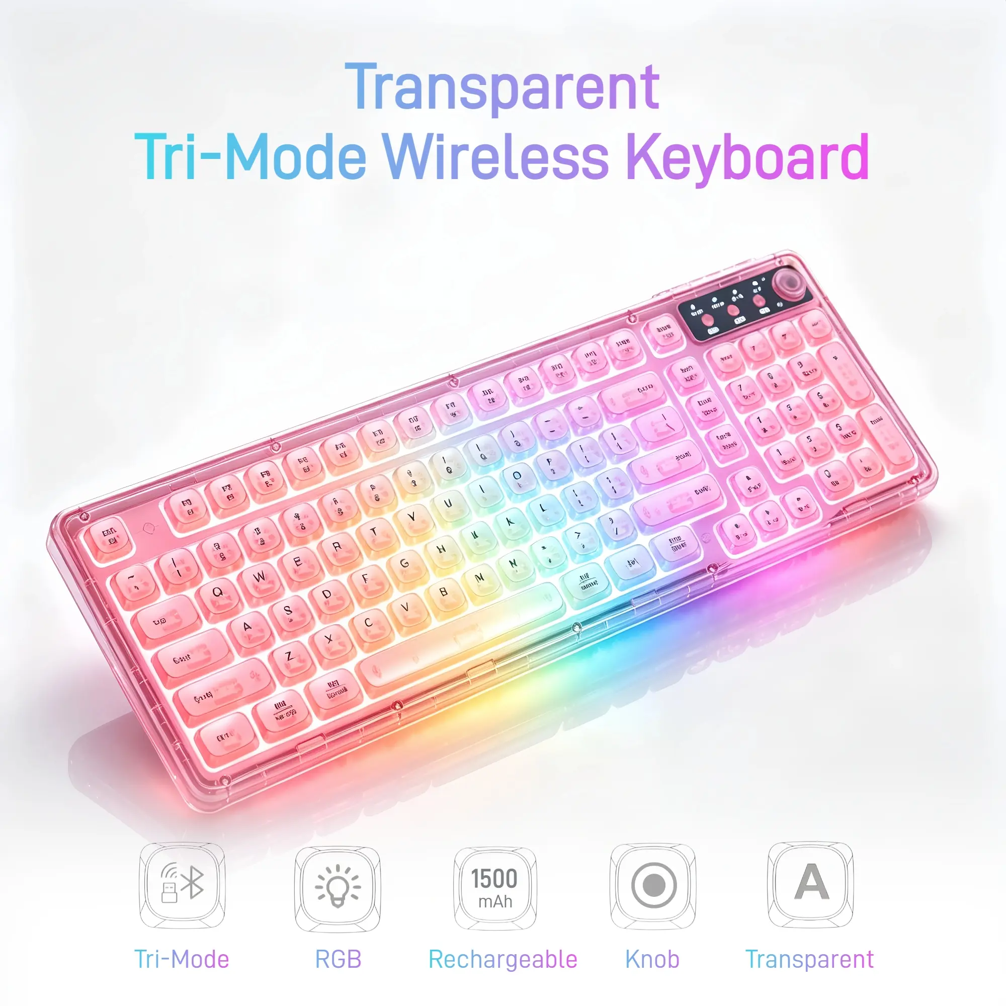 F99 Pink Crystal Transparent RGB Keyboard with Mechanical Feel, 99-Key Tri-Mode Wireless Keyboard with Volume Knob, Bluetooth 5.0, 2.4G & USB-C, Rechargeable Backlit Keyboard for Aesthetic Desk, College Dorm & Gaming Setup