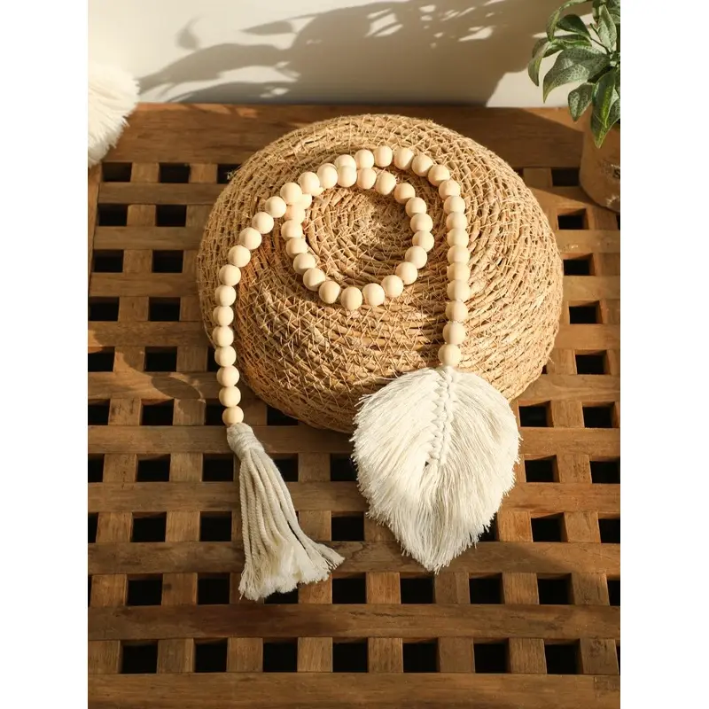 Handmade Wood Bead Rope Macrame Leaf Wall Hanging, Rustic Tassel Boho Wall Decor, Farmhouse Woven Room Ornament, Bohemian Home Decoration Gift