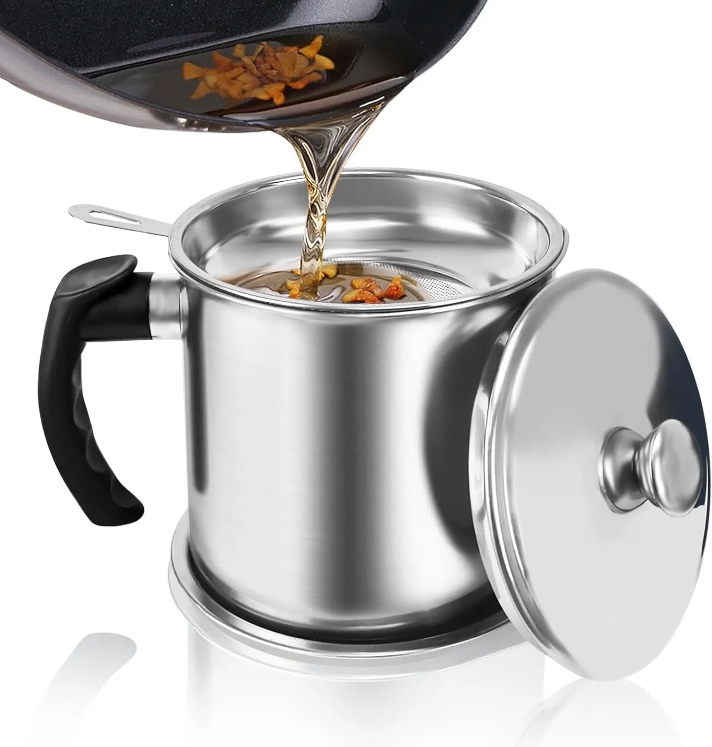 Stainless Steel Bacon Grease Container with Strainer and Filters - 1.3L (46 fl. oz.) Kitchen Utensil, Curved Handle, Anti-Slip Coaster Tray, for Meat Frying & Cooking Oil Storage
