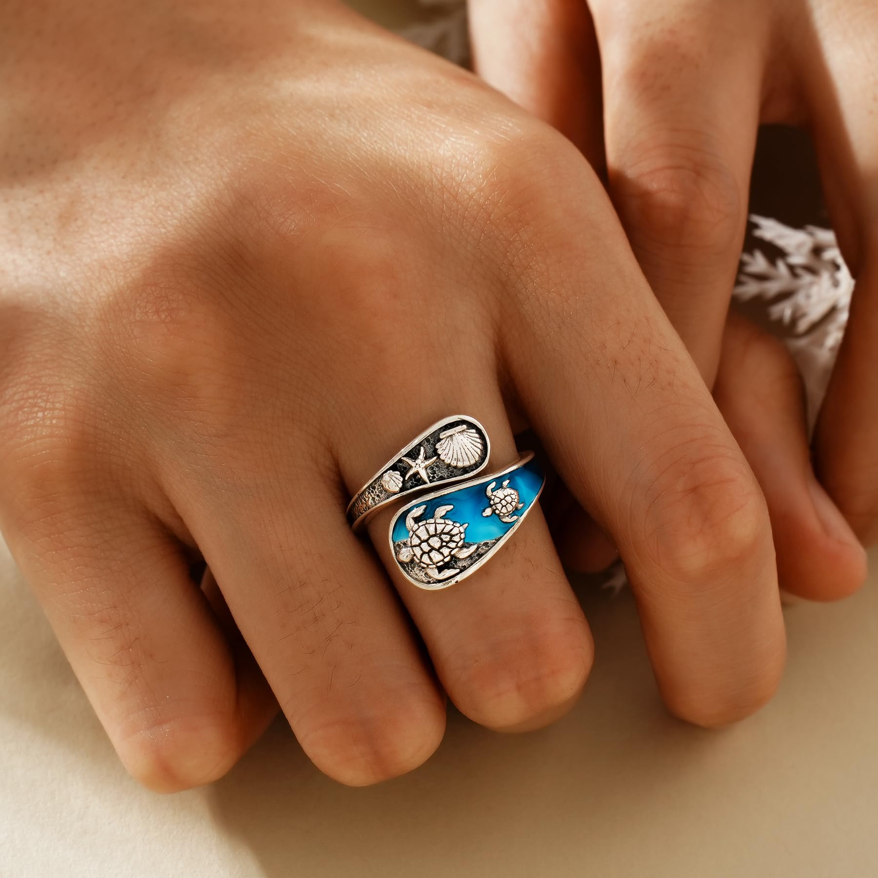 S925 Sterling Silver Sea Turtle Open Ring Beach Shells Starfish Design Vintage Sea Theme Adjustable Ring, Birthday Gifts