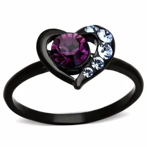 5x5mm Amethyst Round Crystal Heart Shape Black IP Stainless Steel Promise Ring