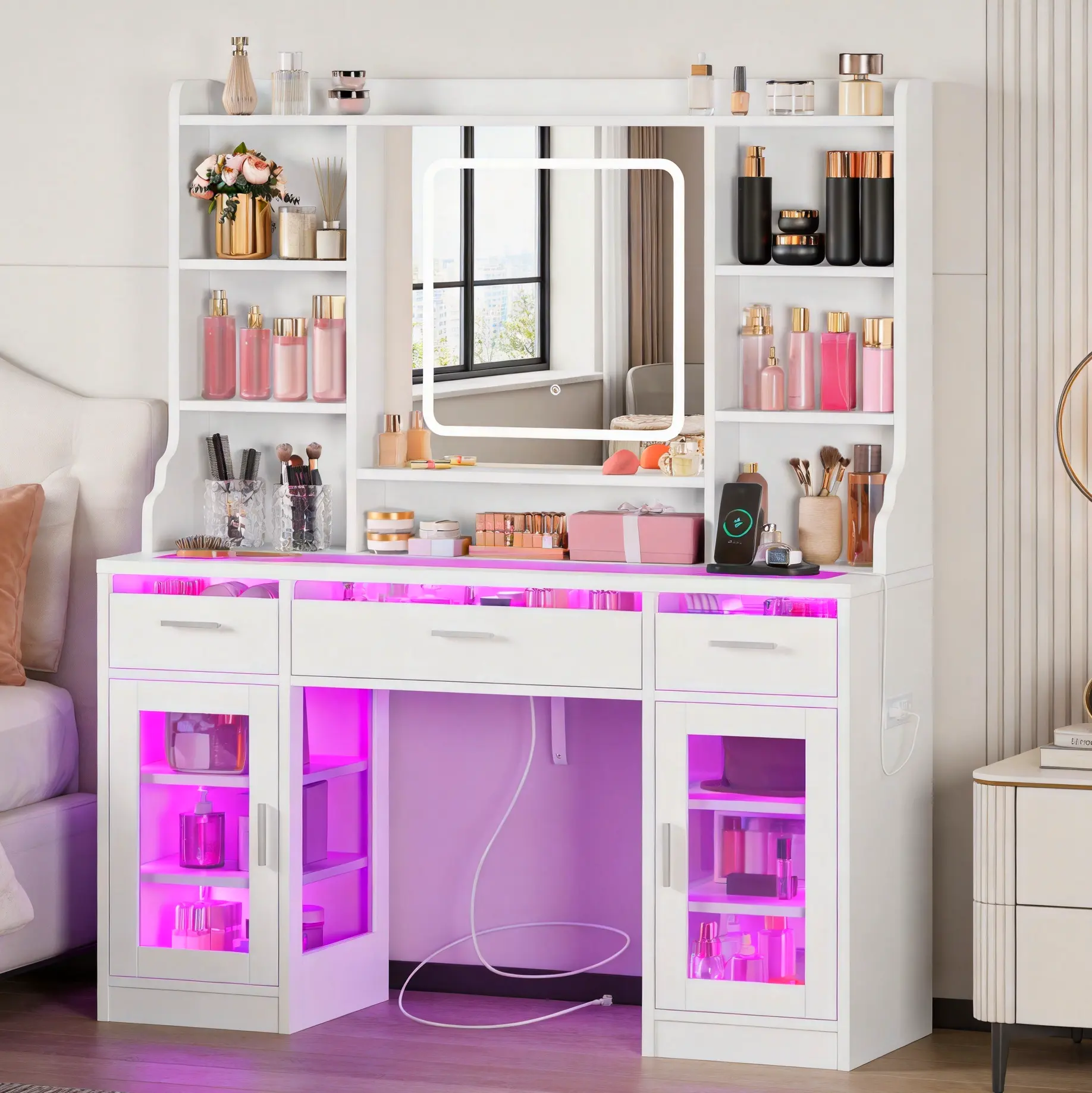 Sturdy Modern Vanity Desk - White Stand-Alone Bedroom Furniture with Smart Lit Glass Tabletop, 6 Shelves + 2 Tempered Glass Cabinets, Built-In Power Outlet, Lighted Mirror, Vanity Organization & Stable Design for Makeup Routines