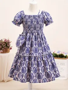 Girls' Summer Blue Vintage Floral Printed Dress, Bubble Sleeves, Ruffled Hem, Elegant Pleated Design, Princess Style Midi Dress