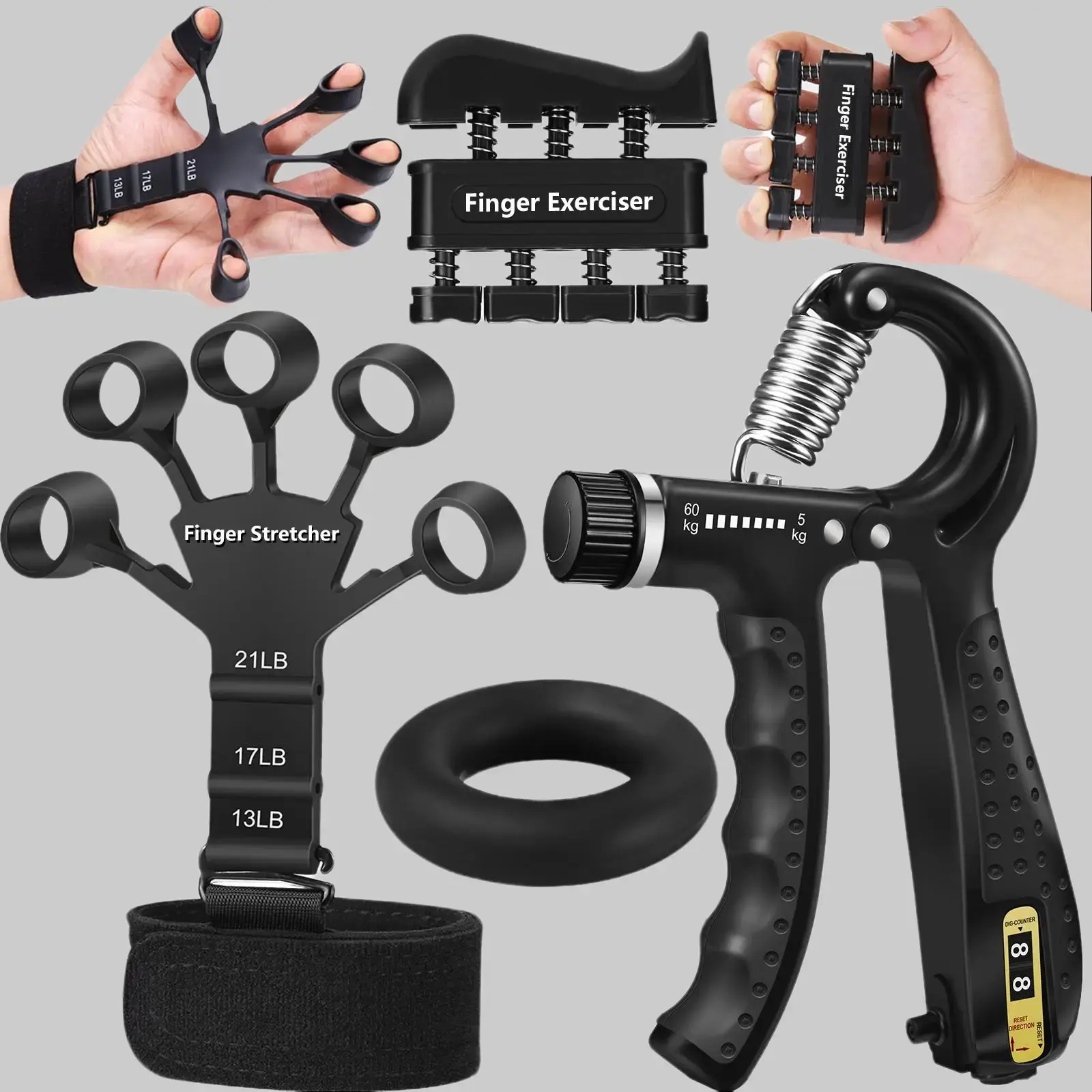 4-in-1 Hand Grip Strength Trainer - Adjustable Workout Equipment, Finger Exerciser, Finger Stretcher, Forearm Ring for Fitness, Rehabilitation (4lb to 17lb, Ideal for Teens, Men's Workout Equipment)