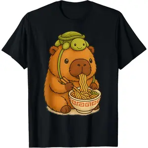 100% Cotton Capybara Anime Ramen Turtle Graphic T-Shirt 1pc, Kawaii Cute Animal Tee Crew Neck Short Sleeve