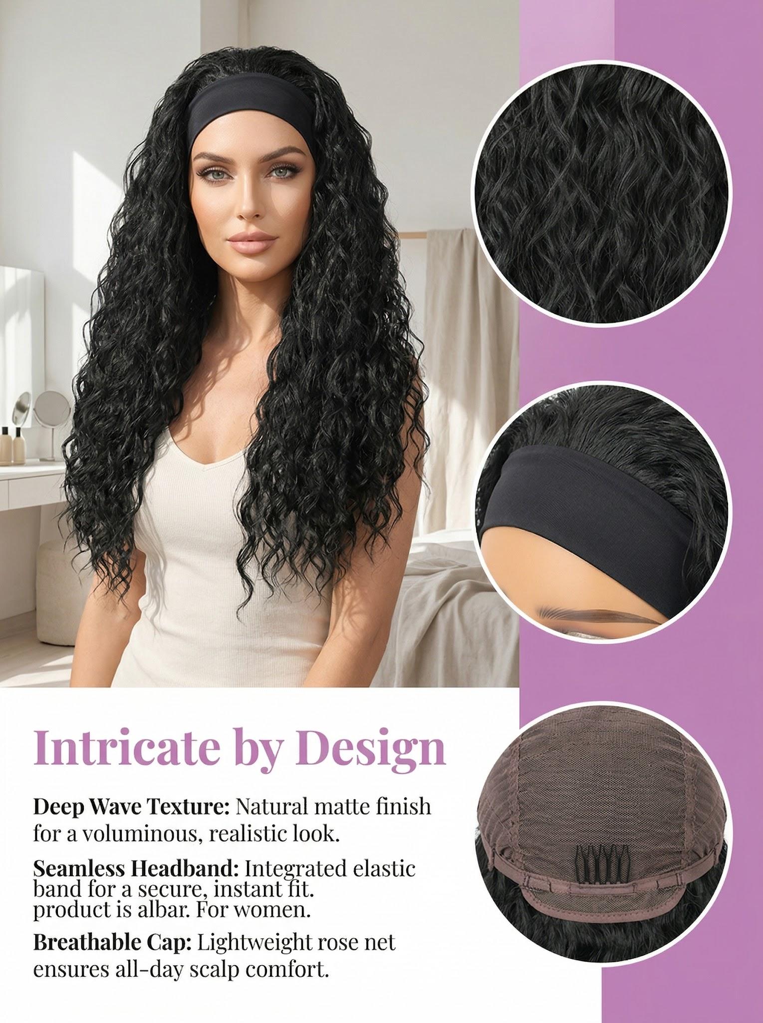 Silk Satin Ribbon Deep Wave Synthetic Headband Wig - No glue, no lace design, convenient headband wig for women without the need for adhesive | Four Seasons Series Deep Wave Hair Accessory Beauty Enhancer