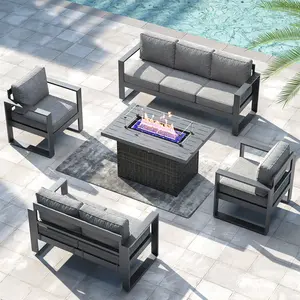 LayinSun Aluminum Outdoor Patio Furniture Set, Metal Modern Conversation Sofa Set with Fire Pit Table and Washable Thick Cushions for Porch, Backyard, Deck