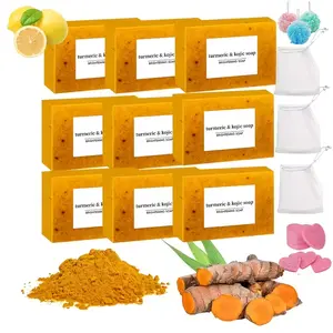 9pc Matte Granule Turmeric Curcumin Soap, Cleansing and Bath Soap, For Face and Body, Rich Foaming and Moisturizing, Wedding Season, Free Gift Foaming Net, Bath Ball, Facial Cotton