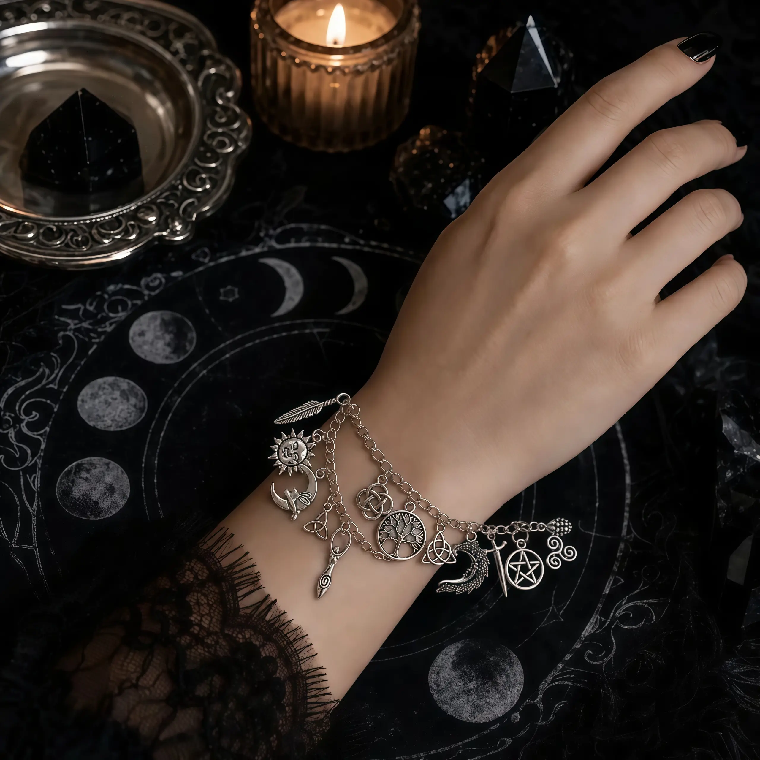 Vintage Witchy Charm Bracelet & Anklet 2-in-1, Silver Tone Celestial Boho Jewelry with Moon Sun Owl & Tree of Life Charms, Gothic Layered Chain Bracelet Gift for Women
