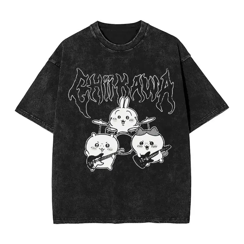 Heavy Metal Chiikawa Usagi Hachiware Washed T Shirts Streetwear Hip Hop Vintage T-Shirts Tee Shirt for Men Women Cotton Oversize Menswear Top Round Neck Festive
